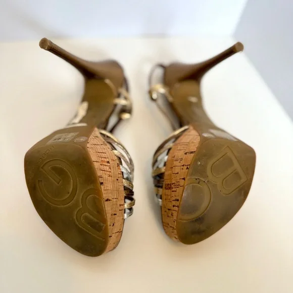 BCBG Gold Strappy Cork Platform Heels, Size 7 - Picture 5 of 11